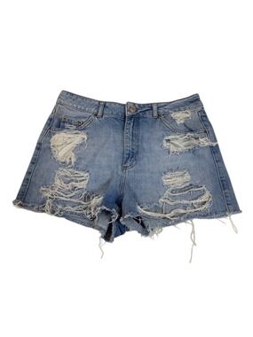 Topshop Mom High-Waisted Distressed Denim Shorts Size 12 Light Blue (bin i)